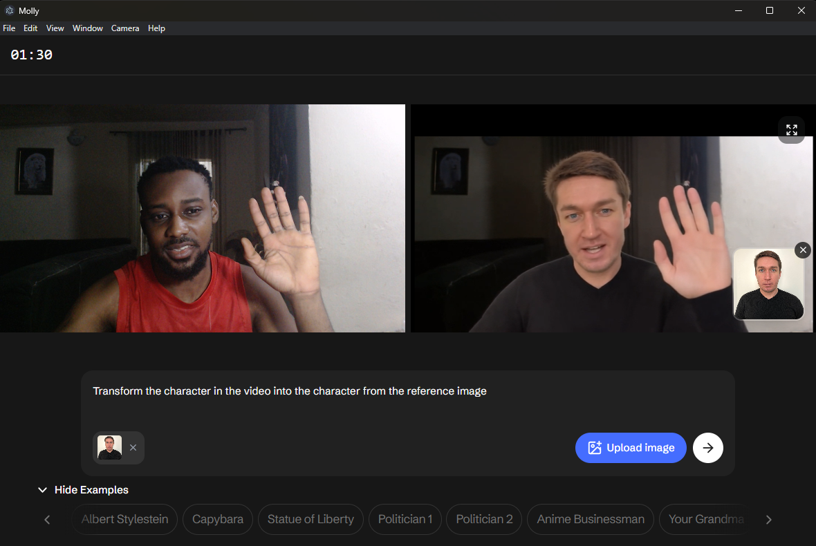 Real-time face swap — webcam to AI character